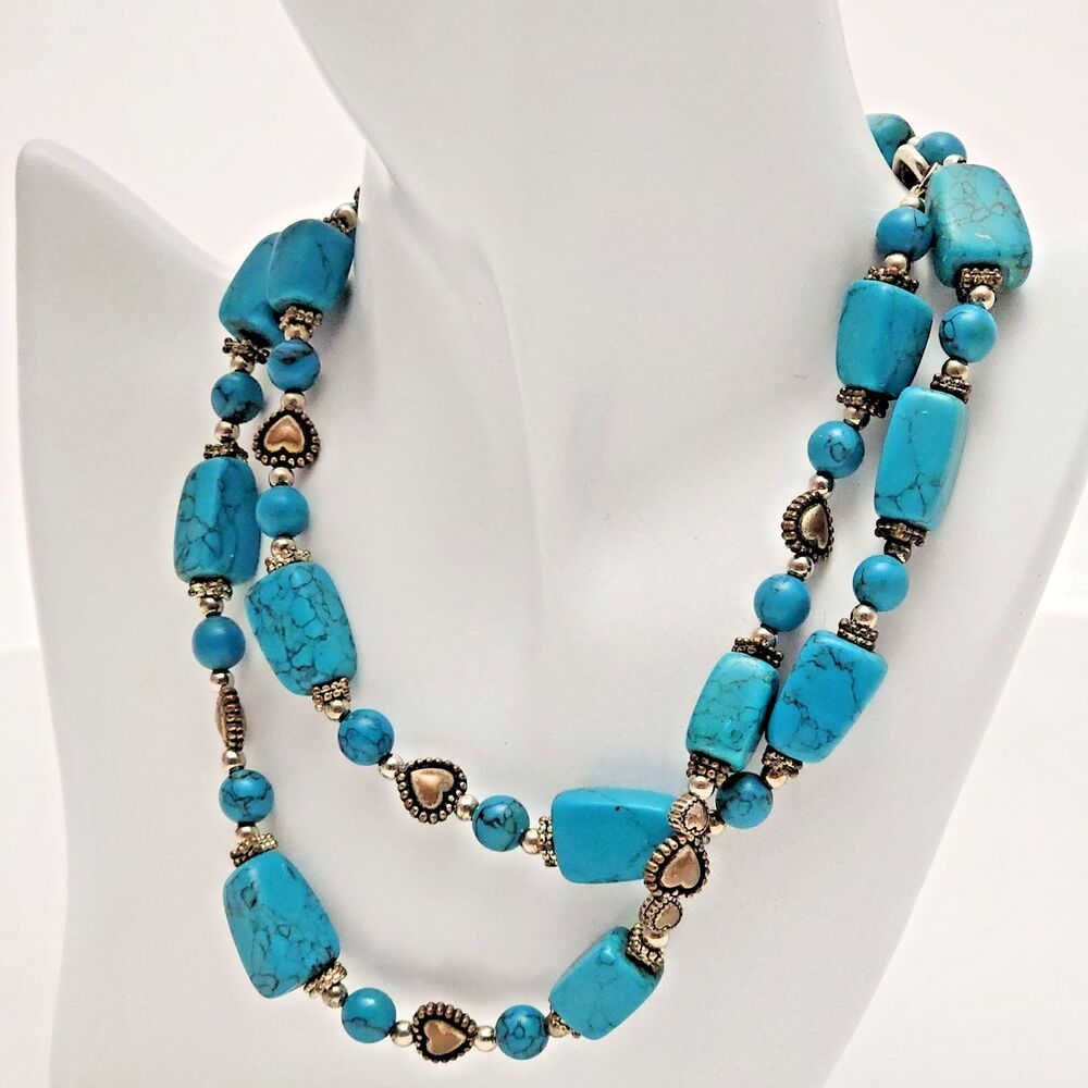 Southwestern Style Blue Stone 30" Opera Necklace Silver Tone Heart Beads Heavy